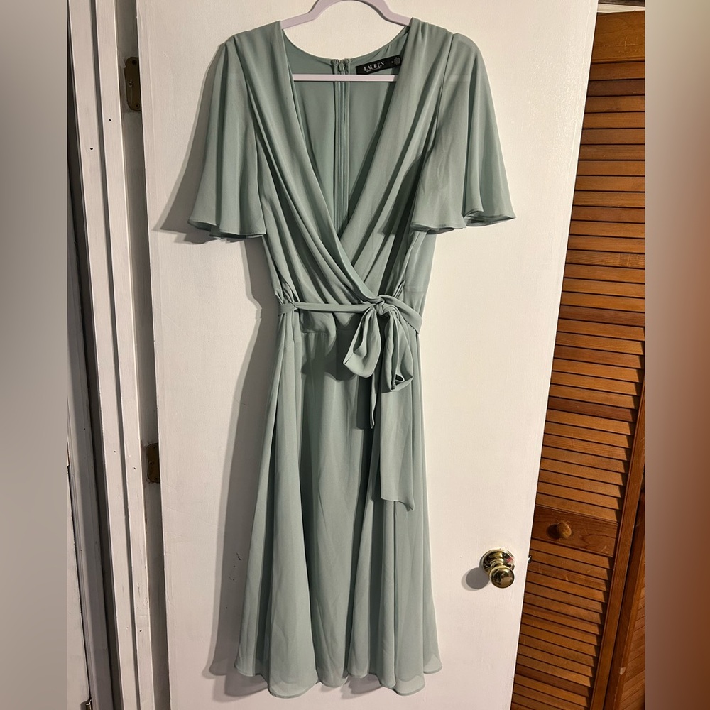 Ralph Lauren Belted Georgette Fit-and-flare Midi Dress Green Women's Size 14 - Picture 2 of 7